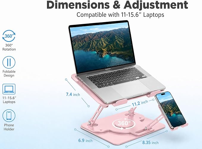 Laptop Stand for Desk,Adjustable Computer Stand with 360° Rotating Base,2-in-1 Laptop Stands with Phone Holder,Ergonomic Laptop Riser for Collaborative Work,fits for All 10-16" Laptops (Pink) - Image 3