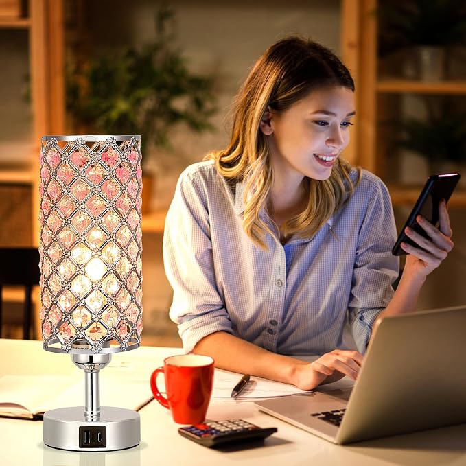 Crystal Table Lamp, 3 Way Dimmable Touch Lamps for Night Stands, Pink | Pink Crystal Touch Lamp with USB C+A, 3-Way Dimmable Bedside Lamp - Image 4