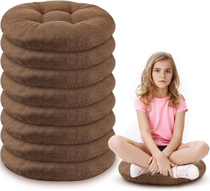 Fumete 8 Pcs Round Floor Cushions for Classroom Kids,Brown | 16 Inch Diameter, Students Flexible Seating Pillows, Home Daycare School Reading Yoga Meditation, Soft Cushioned by Fumete