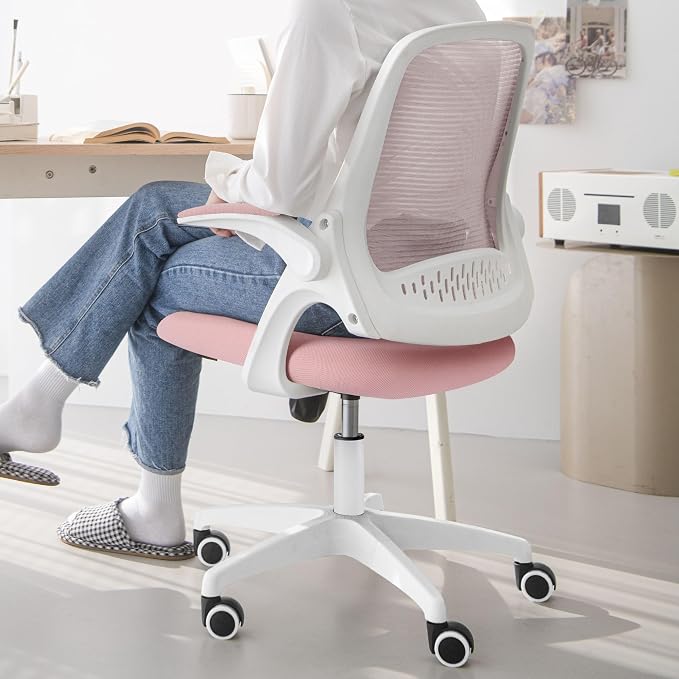 NEO CHAIR Office Desk Chair, Ergonomic Mesh with Flip-Up Armrests, Pink | Lumbar Support, Height Adjustment, 360° Swivel and Rolling Base, Space-Saving Design for Home Office, Vanity or Study - Image 8