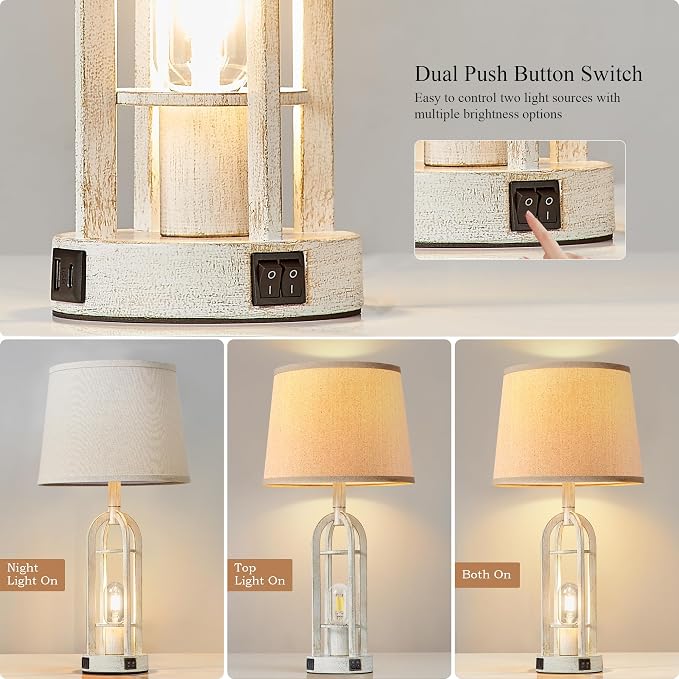 SRJJA Farmhouse Table Lamps for Living Room Set of 2 - Rustic Industrial Bedside Lamps for Bedroom Nightstand with Nightlight and USB A+C, 4 Bulbs Included - Image 2