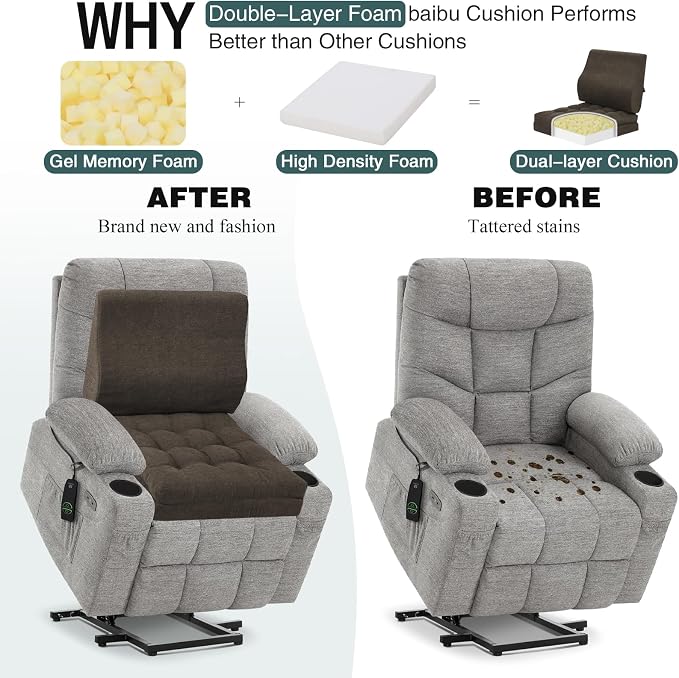 baibu Memory Foam Recliner Cushions with Lumbar Support Pillow Set for Elderly, 20x20x5 Inch Dual-Layer Design Non-Slip Recliner Seat Cushion & Back Support Pillow for Reduce Hip & Lumbar Pain, Brown - Image 7