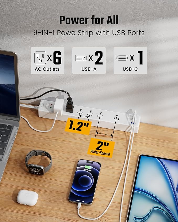 SUPERDANNY 6Ft Thin Extension Cord, Flat Plug Surge Protector Power Strip | Charging Station with 6 Outlets & 3 USB Ports, Wall Mountable Outlet Extender for Home, Office, College Dorm Room Essentials - Image 2