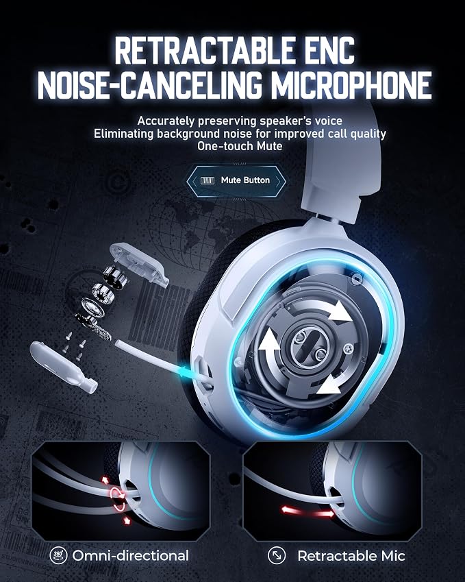 Wireless Gaming Headset, 7.1 Surround Sound, 2.4GHz USB Gaming Headphones with Bluetooth 5.4, 100H Battery, ENC Noise Canceling Mic, RGB Light, Wireless Headset for PC PS5 PS4 Mac Switch (Black-White) - Image 5