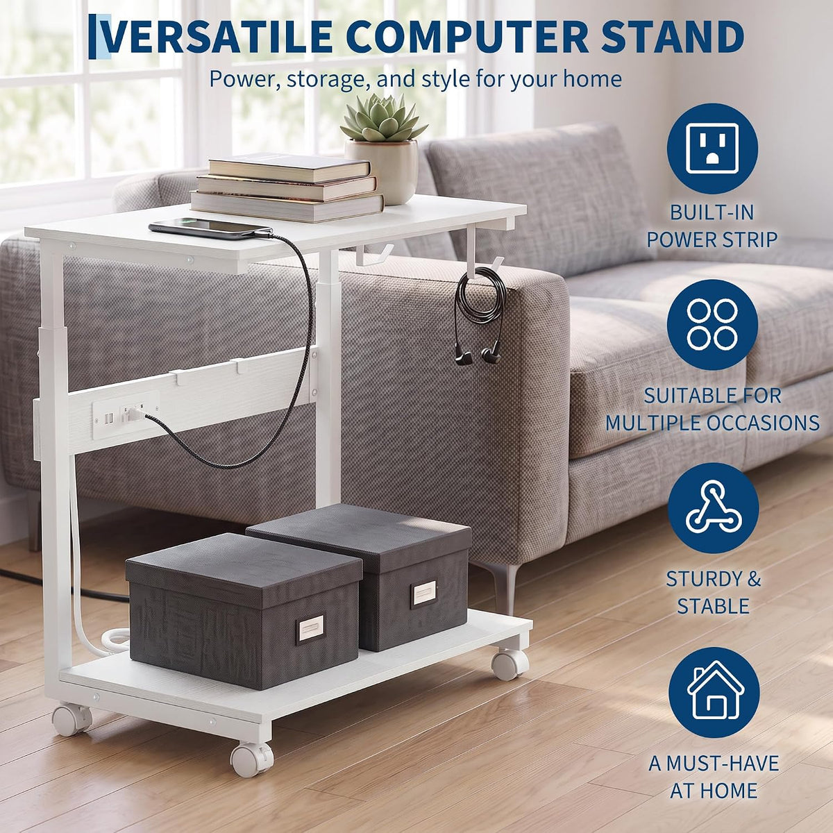 Rolling PC Tower Stand, Height Adjustable, White - Image 5