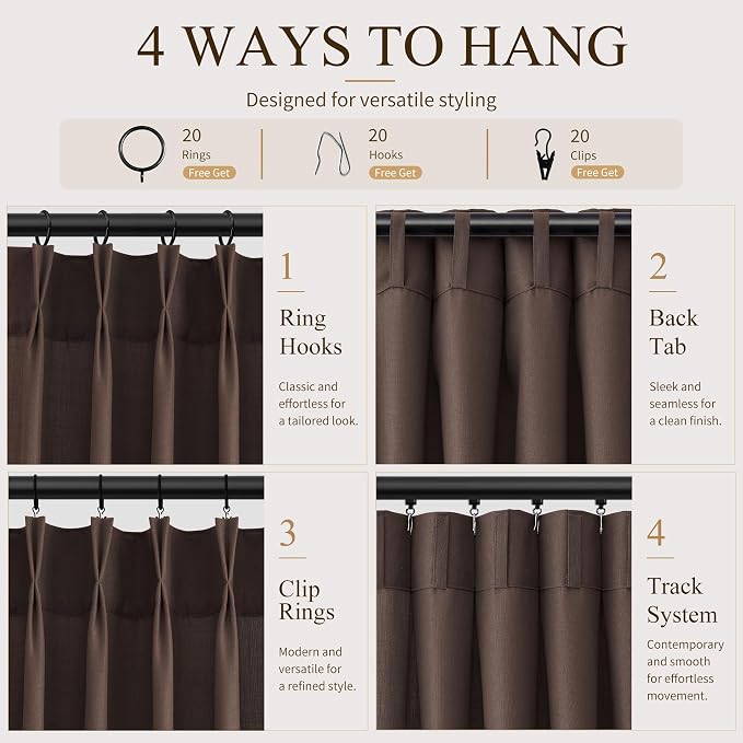 Hokibero Coffee Pinch Pleated Linen Curtains 90 Inch Long for Living Room | Brown Light Filtering Sheer Curtain,Pinch Pleat Back Tab Hooks Rings,Boho Textured Privacy Drapes for Bedroom Window,2 Panels - Image 4