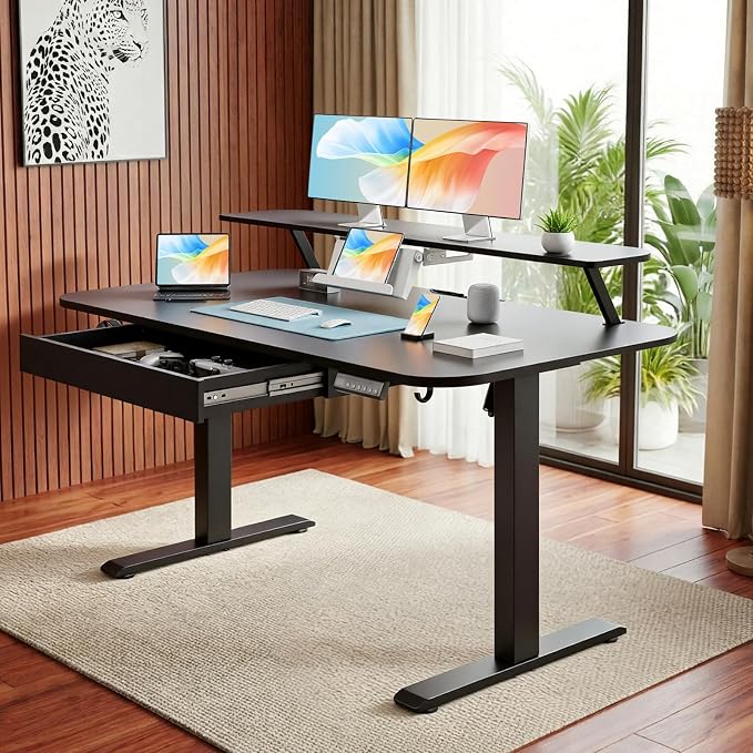 GTPLAYER Electric Standing Desk with Drawers, 55 x 24 Inches Height Adjustable Computer Desk with Monitor Stand, Laptop Stand, Home Office Sit Stand Up Desk with Memory Preset, Black - Image 3