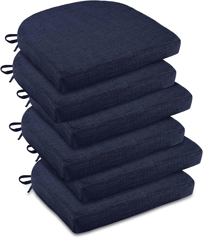 downluxe Indoor Chair Cushions for Dining Chairs, Soft and Comfortable Textured Foam Kitchen Chair Pads with Ties and Non-Slip Backing, 16" x 16" x 2", Navy, 6 Pack by Downluxe