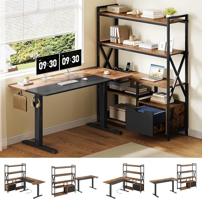 77.8 Inches L Shaped Standing Desk Corner Desk with Hutch Electric Height Adjustable Desk with Storage Shelves File Drawer Power Outlets Reversible Computer Gaming Desk for Home Office, Brown - Image 8