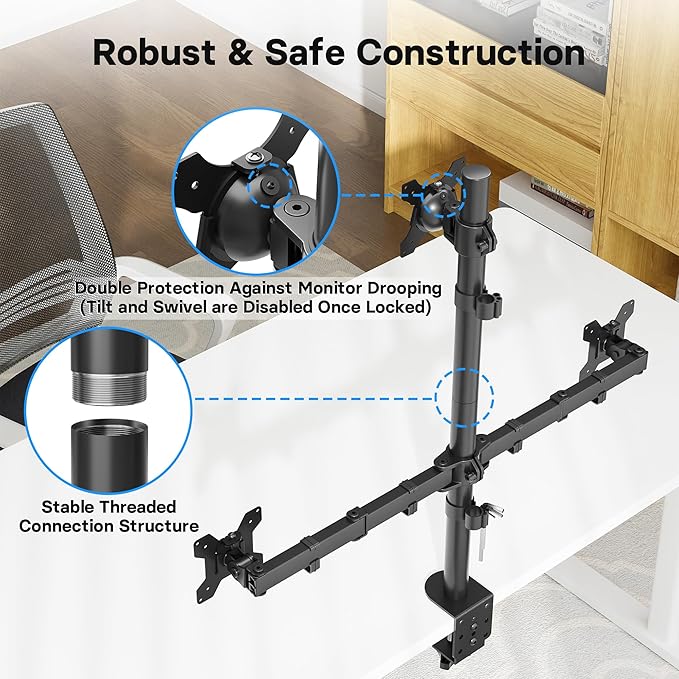 BONTEC Triple Monitor Desk Mount, Supports 13-32 Inch, VESA 75x75/100x100mm | Full Motion Adjustability, Up to 22lbs per Arm, C Clamp and Grommet Mounting Options, Cable Management - Image 2
