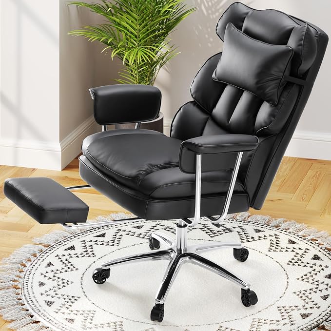 Sweetcrispy Executive Home Office Chair, Ergonomic Desk Chair | Big Tall High Back, Lumbar Support, Reclining Height Adjustable, PU Leather, Computer Gaming, Footrest Swivel Wheels, Black - Image 8