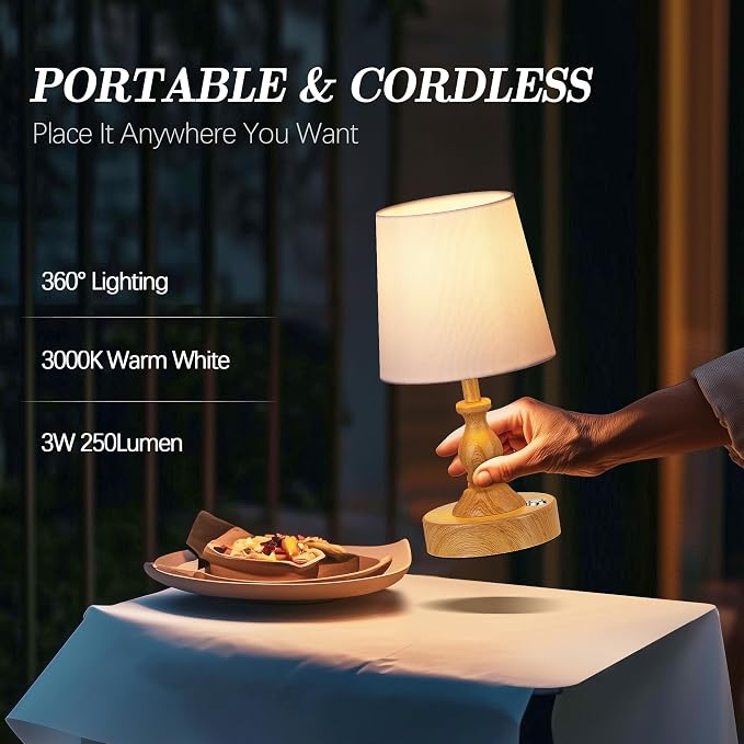 Mini Cordless LED Table Lamp, 5200mAh Rechargeable Battery Operated Lamp, 3-Level Brightness, Touch Dimmable Desk Lamp, Bedside Night Light for Patio Camping Restaurant Home, Wood Grain - Image 4