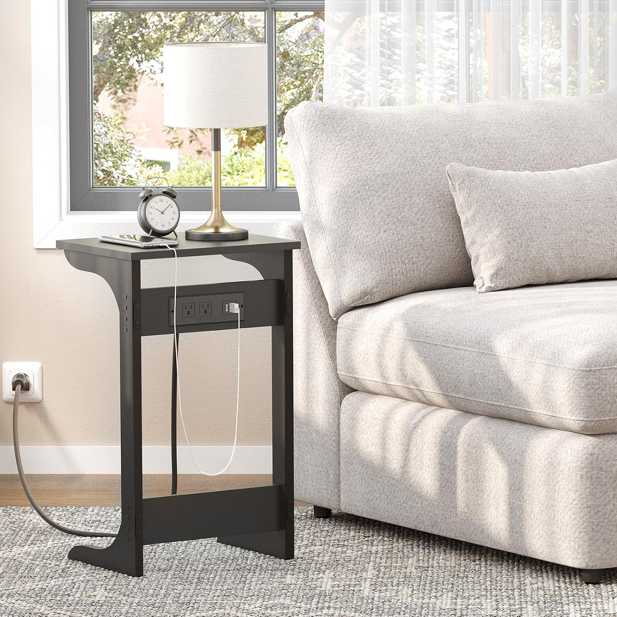 TUTOTAK C Shaped End Table with Charging Station, Side Table, Couch Table for Small Spaces, Tv Tray Table with 2 USB Ports and Outlets, Living Room, Bedroom TB01BK044 - Image 2
