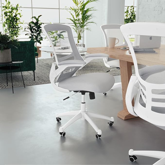 Flash Furniture Mid-Back Light Gray Mesh Swivel Ergonomic Task Office Chair with White Frame and Flip-Up Arms | White Frame, Mid-Back, Flip-Up Arms, Mesh Back - Image 2
