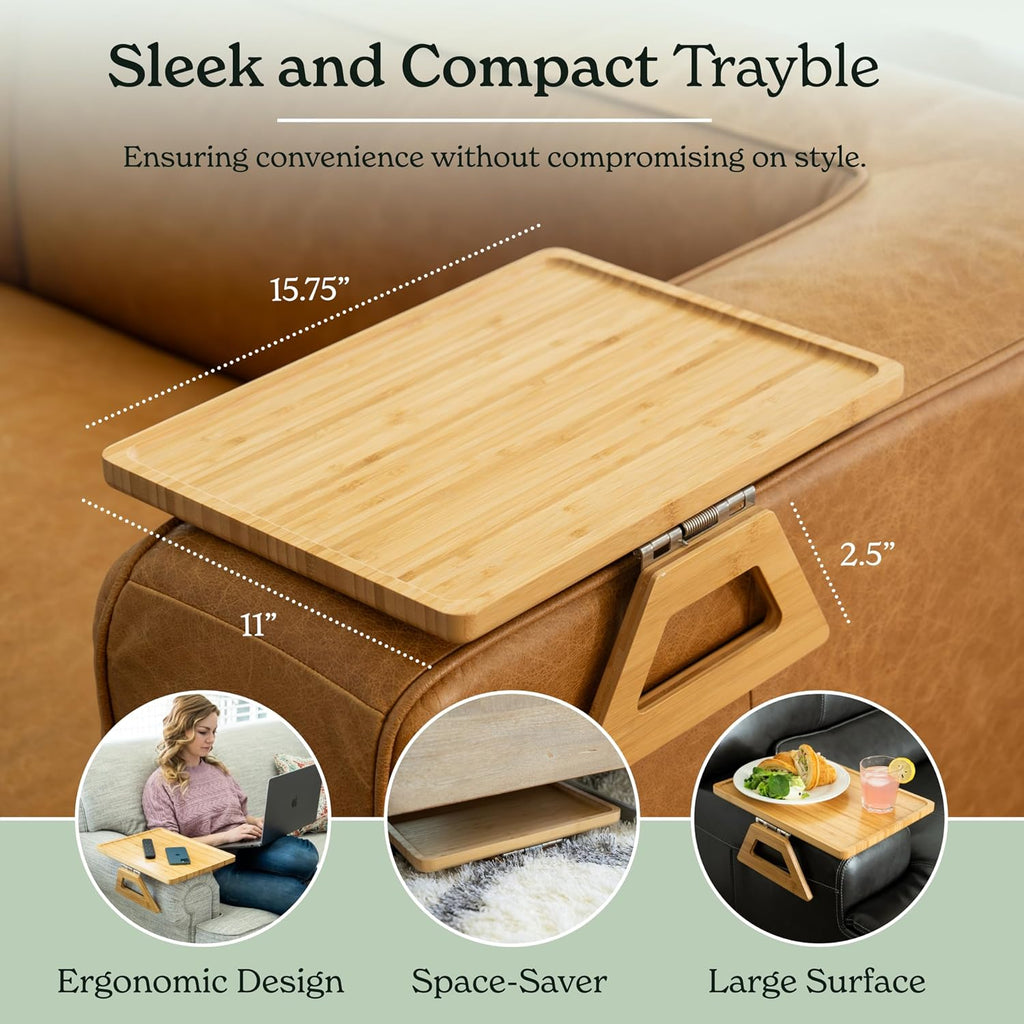 Bamboo Trayble Couch Arm Table, Clip On Tray Sofa Table for Couches. Sofa Arm Tray for TV Dinners, Remotes, Drinks, Snacks and Small Spaces - 15.75 x 11inch, Beige - Image 4
