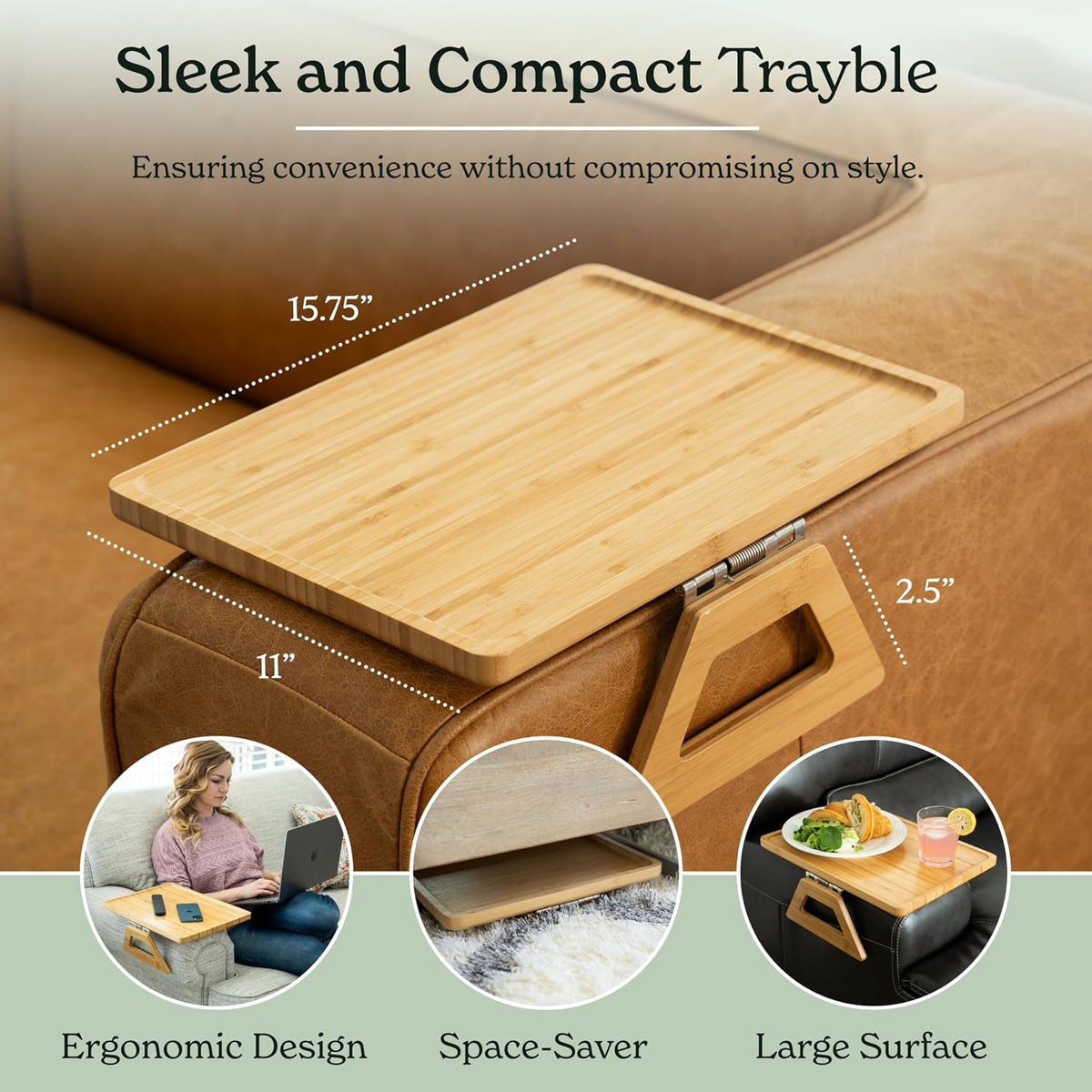 Bamboo Trayble Couch Arm Table, Clip On Tray Sofa Table for Couches. Sofa Arm Tray for TV Dinners, Remotes, Drinks, Snacks and Small Spaces - 15.75 x 11inch, Beige - Image 4