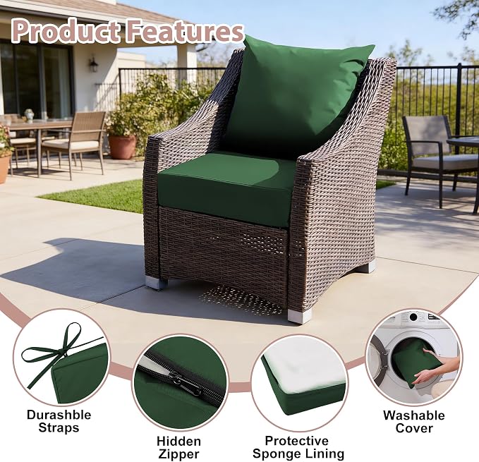 Outdoor Deep Seat Cushion Set, 24x24 Inch Water-Resistant & Fade-Resistant Outdoor Chair Cushions, Patio Furniture Cushions with Removable Cover for Patio Chair, Sofa, Forest Green (Set of 2) - Image 5