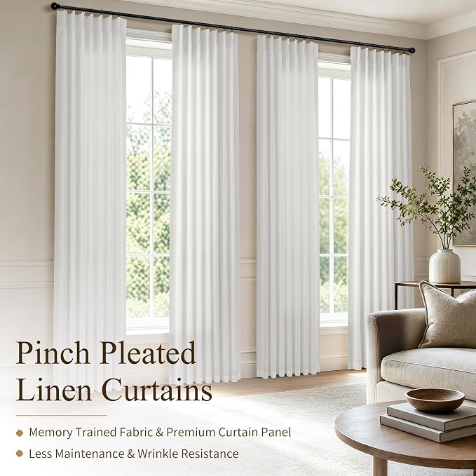 Hokibero Off White Pleated Linen Curtains 102 Inch Long for Living Room | White Light Filtering Semi Sheer Curtain,Back Tab Hooks Rings,Farmhouse Textured Privacy Drapes for Bedroom Window,2 Panels - Image 2
