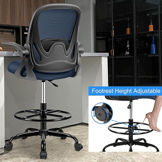 Drafting Chair Tall Office Chair with Flip-up Armrests, Adjustable Height, Enhanced Lumbar Support Ergonomic Rolling Stool, Back Support, Adjustable Foot Rest Ring for Standing Desk Navy - Image 4