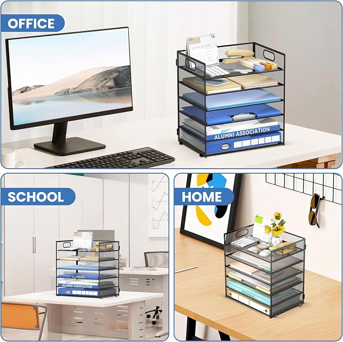 Daltack 6-Tier Paper Organizer for Desk with Handle, Black | Sturdy Metal Mesh Organizer with Movable Middle Trays and a Carry Handle for Papers, Folders and Office Supplies - Image 6