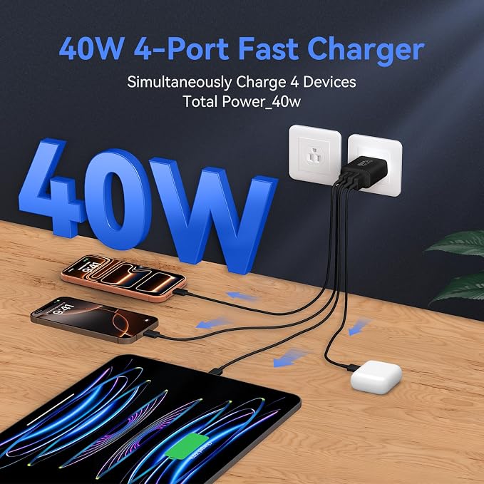 USB C Wall Fast Charger Block, 40W 4-Port Type C Chargers Fast Charging Blocks PD Power Charger Adapter+QC 3.0 USB Multiport Charger Brick for Phone 17/16/15/14/13/12 Pro Max, i-Pad, Galaxy S25-2Pack - Image 3