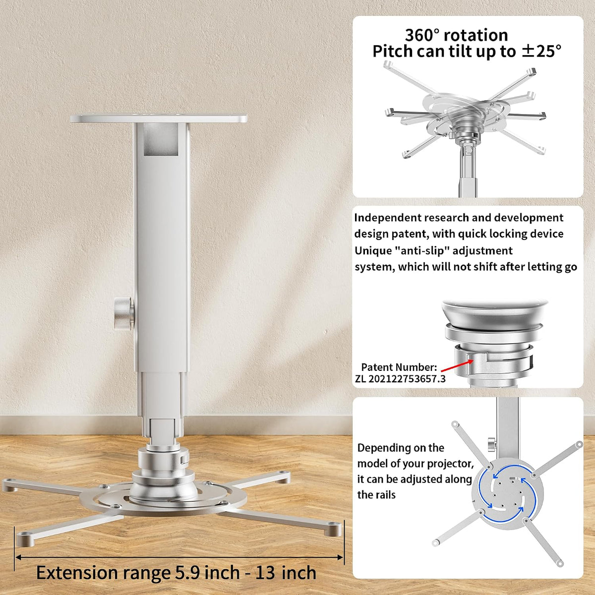 Multi-Hole Projector Mount Wall for Home Theater, Office, Classroom, Universal Video Projector Ceiling Mount, Heavy Duty Aluminum Projector Stand, Load 33 lbs - Silver - Image 4