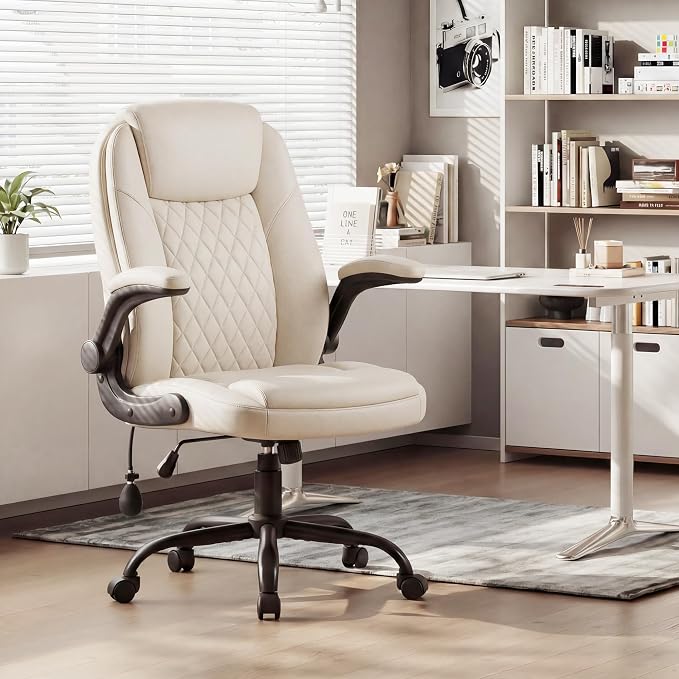 MALOL Leather Office Chair with Adjustable Lumbar Support Set of 2, Beige | Computer Desk Chair with Thick Cushion, Flip-Up Arms and Ergonomic Back, Comfy Executive Office Chair for Home Office Gaming by MALOL