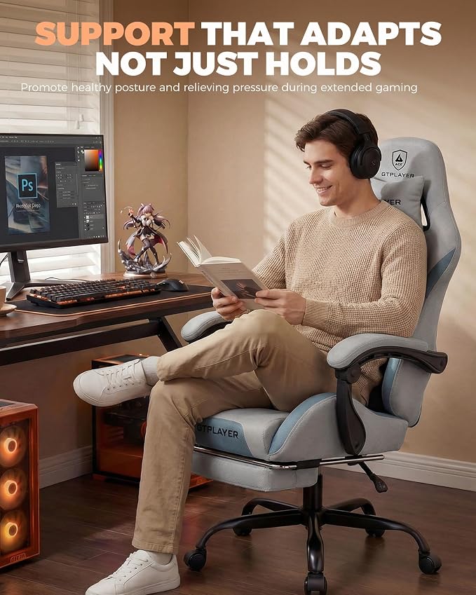 GTPLAYER Gaming Chair with Foot Rest & Pocket Spring Cushion, Ergonomic High Back Computer Desk Chair with Headrest & Lumbar Support for Back Pain Relief, Breathable Fabric, Mist-Blue - Image 7