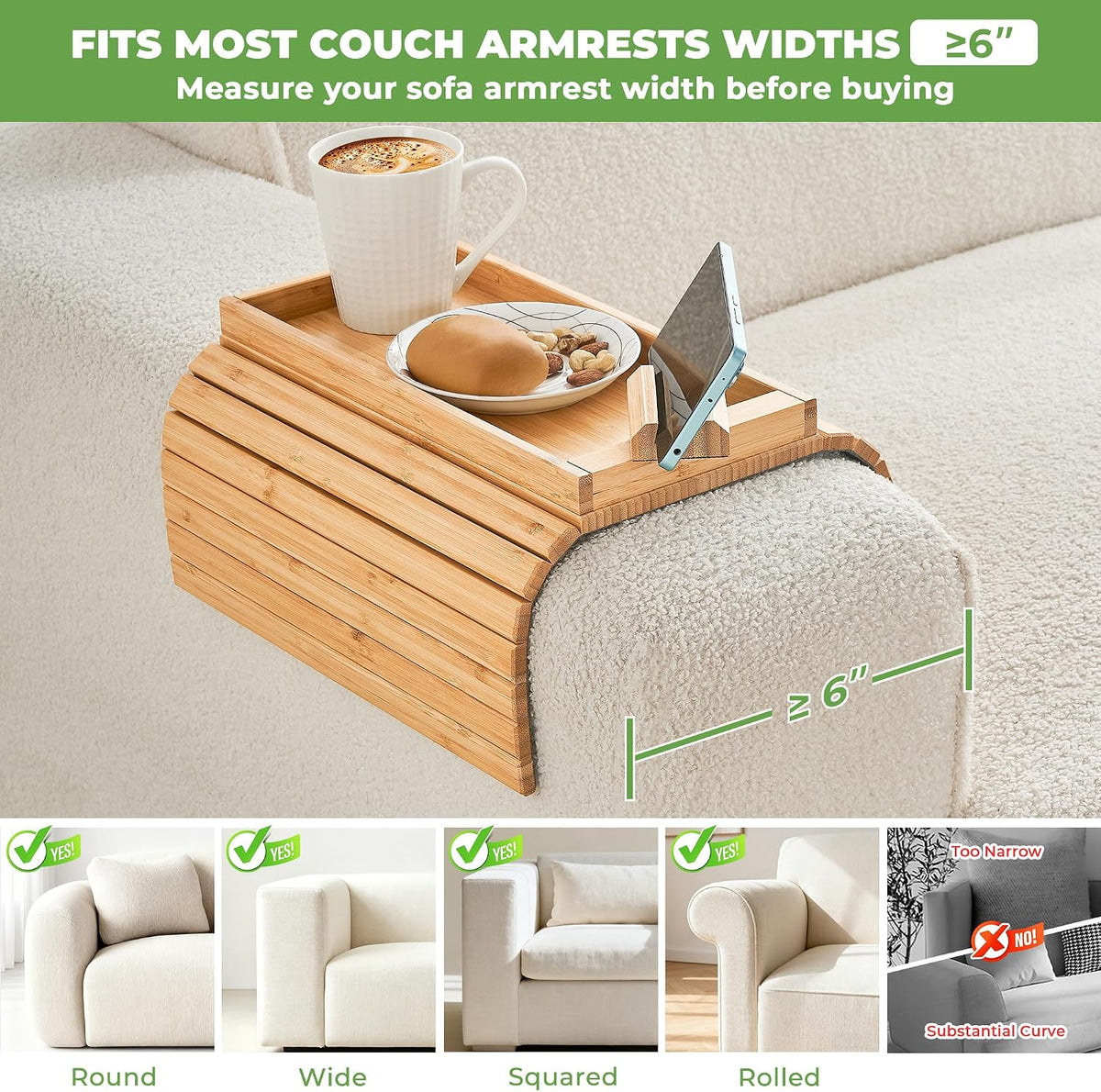 Bamboo Sofa Arm Tray, Anti Falling Couch Arm Tray Armrest Table with 360° Rotating Phone Holder, Foldable and Portable Sofa Armrest Trays Cup Holder for Drink,Cups, Phone, Snacks, Remote - Image 2