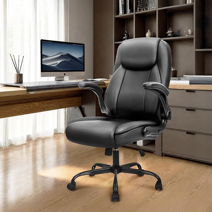 NEO CHAIR Office Desk Chair, High Back PU Leather with Flip-up Arms, Black | Ergonomic Tall Computer Desk Chair Comfy, Height Adjustable, Swivel Rolling Wheels for Office Home Gaming Study - Image 2