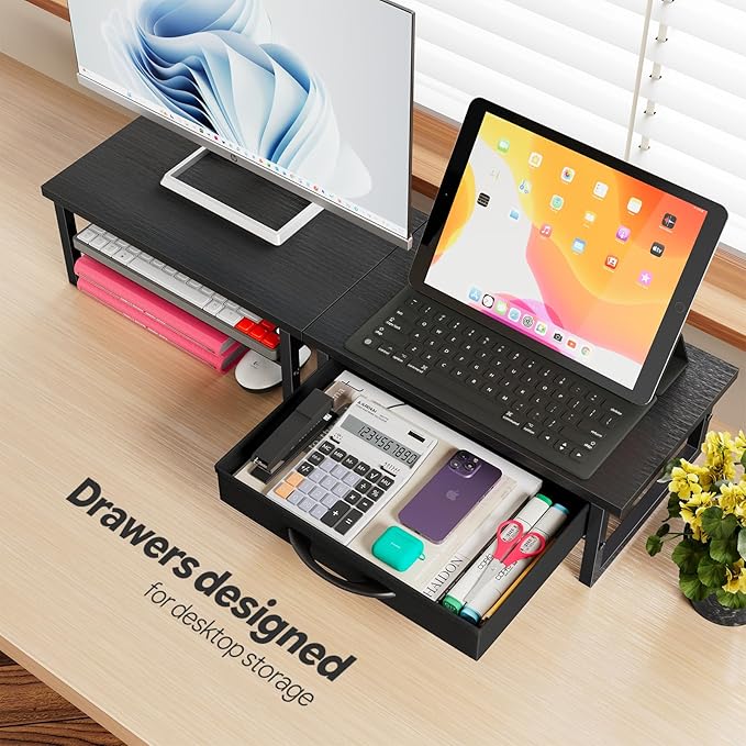 Ekisemio 2-Tier Monitor Stand with Fabric Drawer – Wood and Metal Computer Riser, Desk Organizer for Office, Black - Image 3