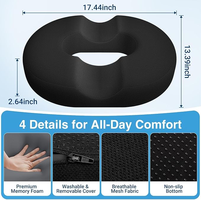 Donut Seat Cushion, Hemorrhoid Pillow, Office Chair Cushion, Black, Large | Ergonomic Design, Breathable Cover, for Tailbone Pain, Hemorrhoids & Long Sitting Hours, for Home & Office, - Image 6