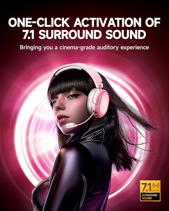 Wireless Gaming Headset, 7.1 Surround Sound, 2.4GHz USB Gaming Headphones with Bluetooth 5.4, 100H Battery, ENC Noise Canceling Mic, RGB Light, Wireless Headset for PC PS5 PS4 Mac Switch (Gray-Pink) - Image 2
