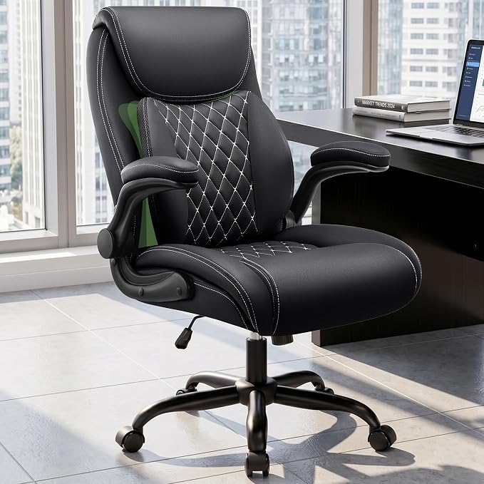 Office Chair, Ergonomic Executive Desk Chair with Lumbar Support for Lower Back Pain Relief, Padded Flip-Up Armrests, Leather Home Office Chair, Black by StellaMia
