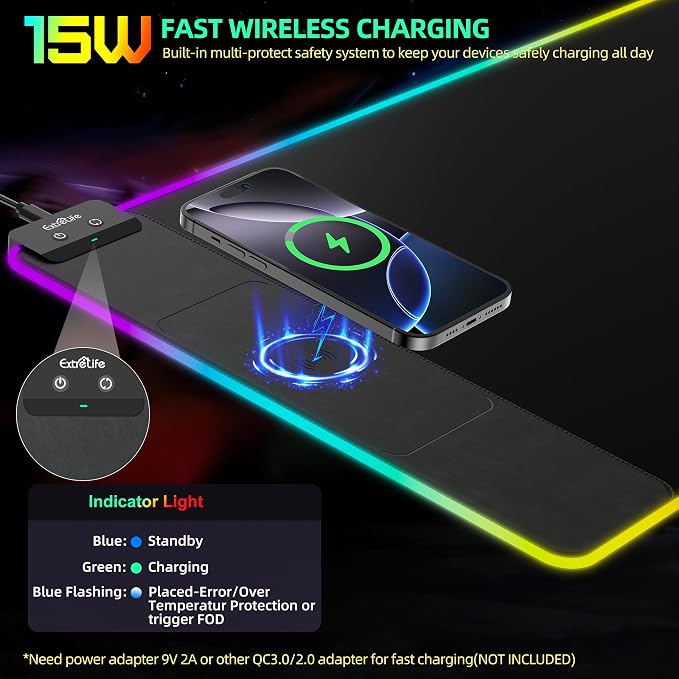 Mouse Pad with Wireless Charging, Large Desk Mat with Adapter, 31.5"x15.7" | RGB Gaming Mousepad with Ultra-Smooth Surface, Non-Slip Rubber Base, Waterproof Computer Keyboard Pad for Gamer, Black - Image 3