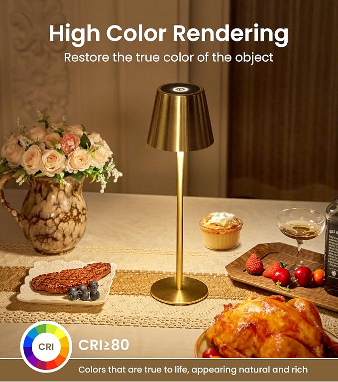 Cordless Table Lamp, Portable Battery Operated Lamp with 3 Color Temps and Stepless Dimming, Rechargeable Table Lamp for Dinner, Desk, Cafe, Outdoor (Brushed Gold) - Image 4
