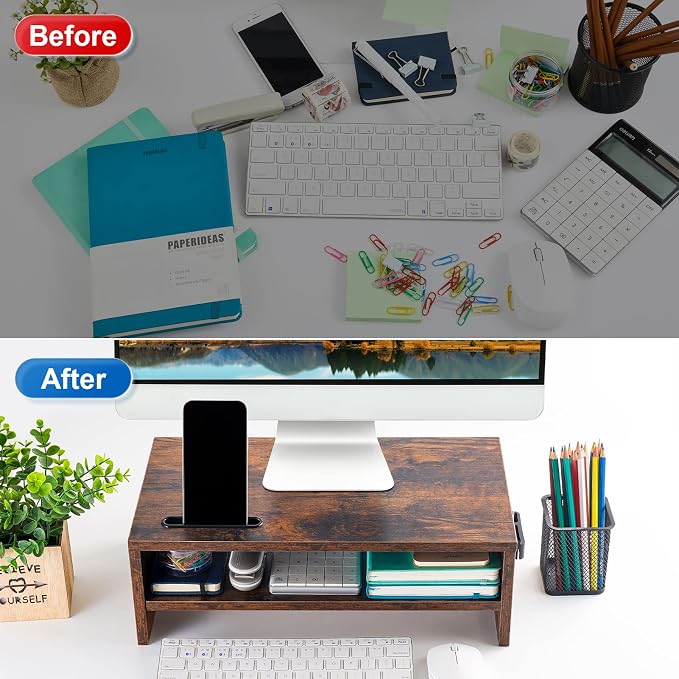 Marbrasse Wood Monitor Stand Riser, Computer Printer Shelf Stand，Vintage | 2 Tier Laptop Computer Screen Storage, Desktop Stand with Phone Holder and Cable Management - Image 5