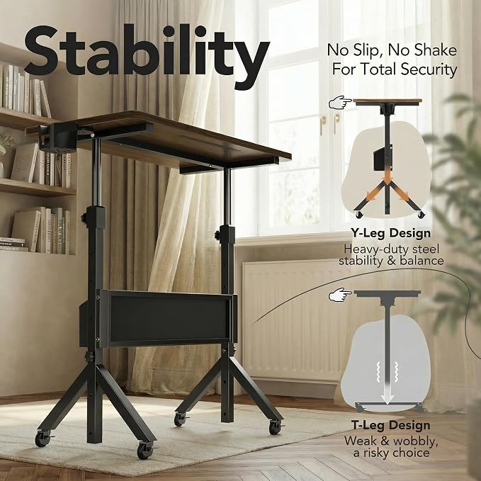 HUANUO Mobile Standing Desk with Wheels and Storage Basket, Height Adjustable 28.7"-46.1" Rolling Desk for Walking Pad, Small Space Laptop Computer Workstation for Home Office - Image 6