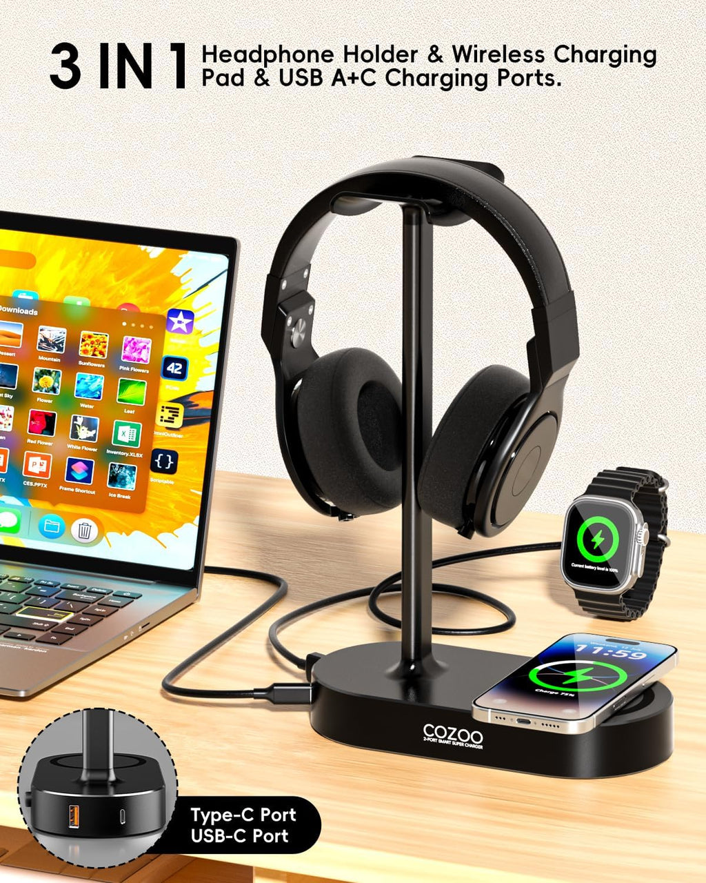 Headphone Stand with Fast Wireless Charging Pad and 2 USB Charging Ports, Suitable for Gaming, DJ, Wireless Earphone Accessories - Image 2