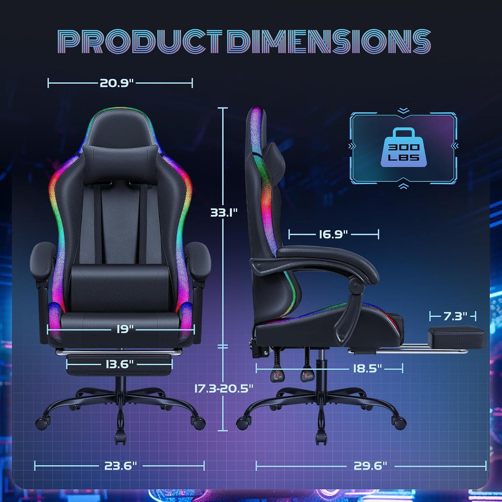 Furmax Gaming Chair with RGB LED Lights, Video Game Chair with Footrest and Massage Lumbar Support, High Back Reclining Computer Chair with Headrest, Swivel Seat Gamer Chair (LED Black) - Image 3