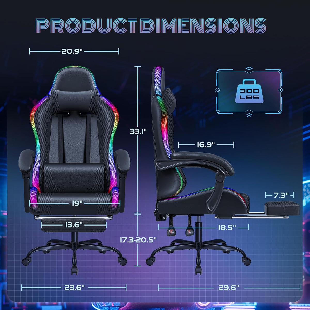 Furmax Gaming Chair with RGB LED Lights, Video Game Chair with Footrest and Massage Lumbar Support, High Back Reclining Computer Chair with Headrest, Swivel Seat Gamer Chair (LED Black) - Image 3