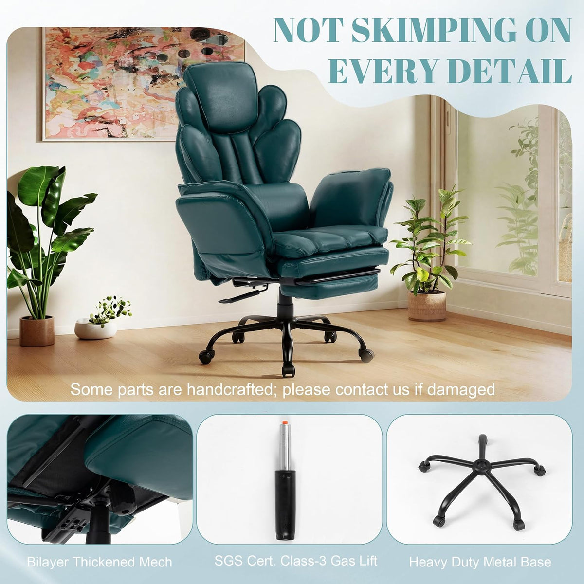 Flip Armrests Criss Cross Office Chair, Reclining Office Chair with Foot Rest, Adjustable Headrest, Massage Waist Pillow, Cross Legged Big and Tall Desk Chair Wide Seat Vanity Chair, Green PU Leather - Image 9