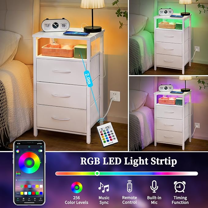 Yoobure Night Stand with Charging Station, White Nightstand with 3 Fabric Drawers & USB Ports and Outlets, LED End Table and Storage Shelf, Small Dresser for Bedroom, Bedside Table for Small Space - Image 3