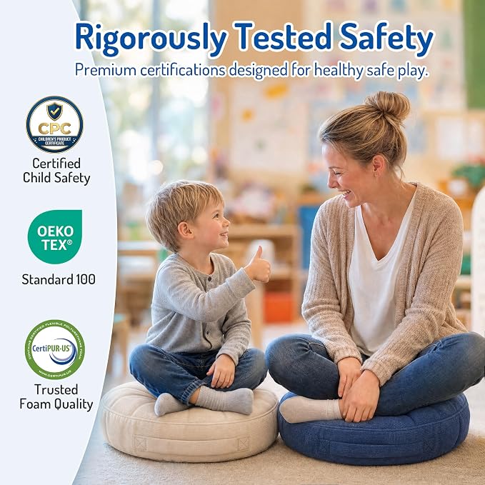 Floor Cushions For Kids 6Pack, Round Flexible Classroom Seating, 15 inch | Waterproof Floor Pillows With Handles, Safe Smolder Resistance Sitting Pillow For Elementary, Daycare & Reading, Vibrant - Image 5