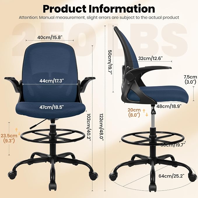 Drafting Chair Tall Office Chair with Flip-up Armrests Executive Ergonomic Computer Standing Desk Chair with Lumbar Support and Adjustable Footrest Ring (Navy) - Image 3