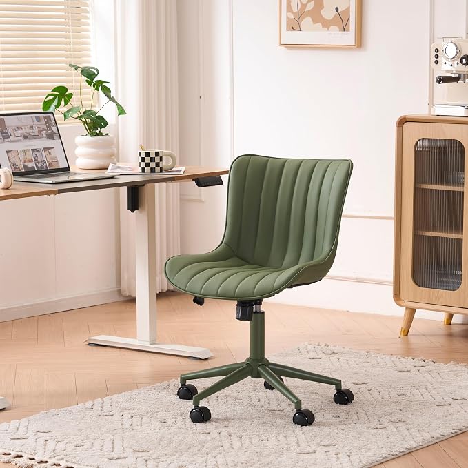 YOUNIKE Office Desk Chair with Wheels Armless Vanity Chair Ergonomic Green | Faux Leather Upholstered with Rocking Back, Swivel Height Adjustable, Modern Small Cute Task Chair For Sewing Drafting - Image 9