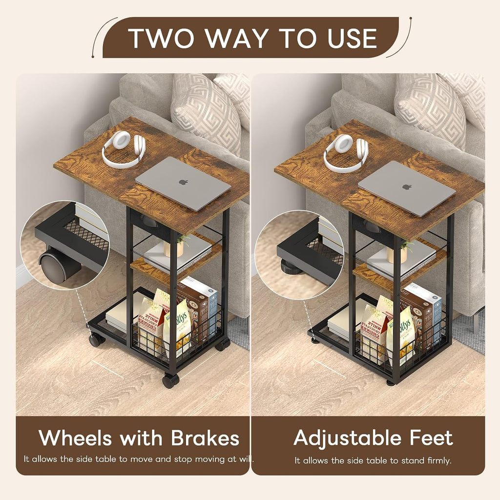 C Shaped End Table, TV Tray Table with Wheels, Drawer and Storage Basket - Image 6