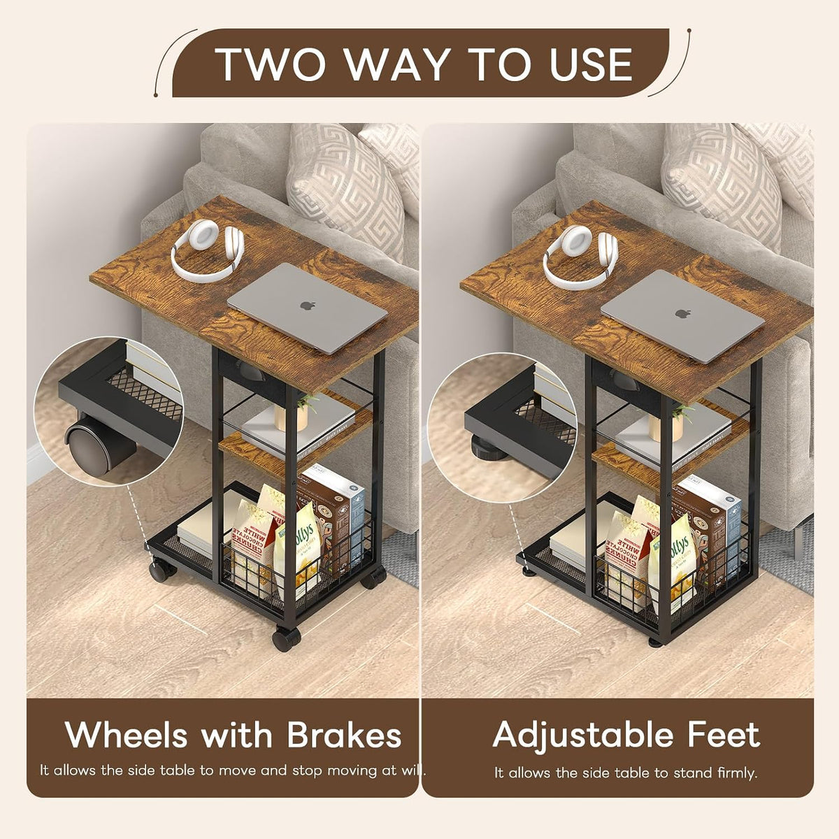 C Shaped End Table, TV Tray Table with Wheels, Drawer and Storage Basket - Image 6