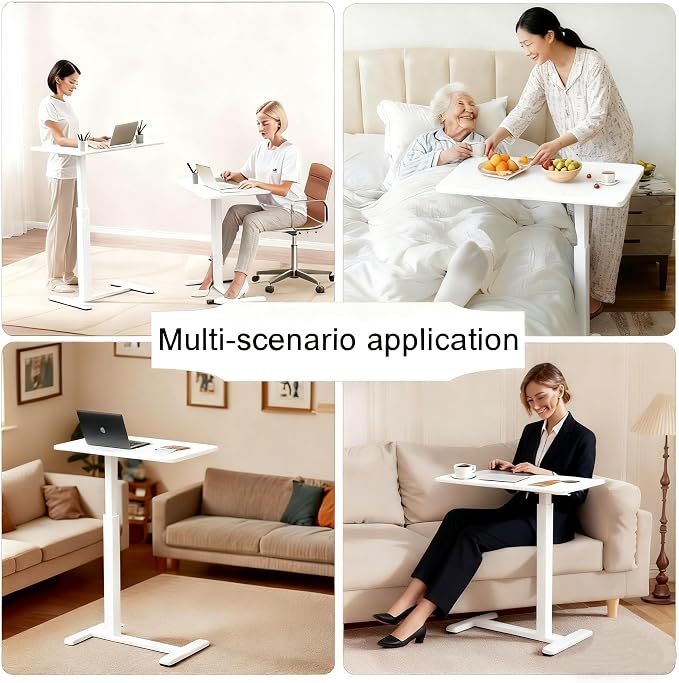 Mobile Small Standing Desk with Hidden Wheels, Pneumatic Laptop Desk, Rolling Computer Cart Movable, Portable Rolling Computer Sit Stand Side Table for Couch, Home, Office, White - Image 6