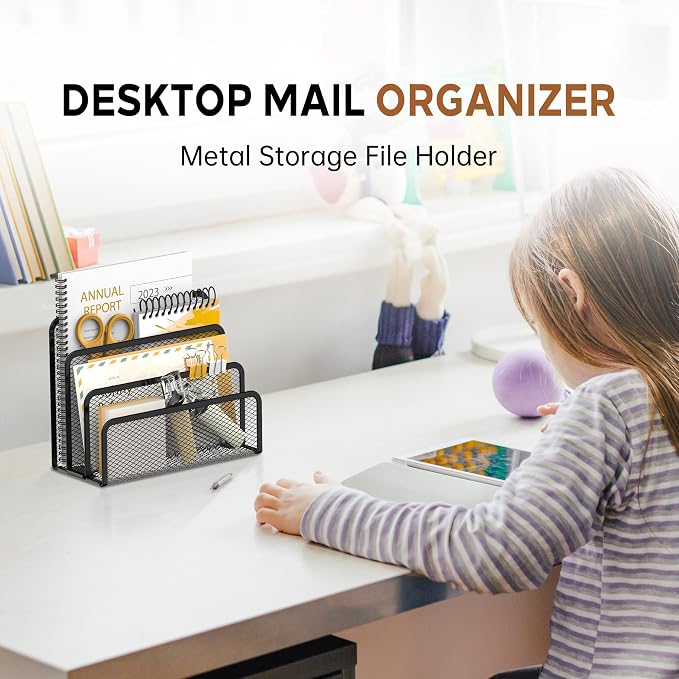Mail Organizer Countertop for Desk, Mail File Holder with 3-Slot, Black | Metal Mesh Mail Sorter for Letters, Envelopes, Bills, and Files for Home Offices, Classroom Organization - Image 4